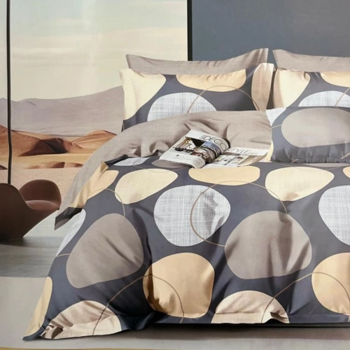 Pościel granatowa z jasne beżowe i błękitne koła